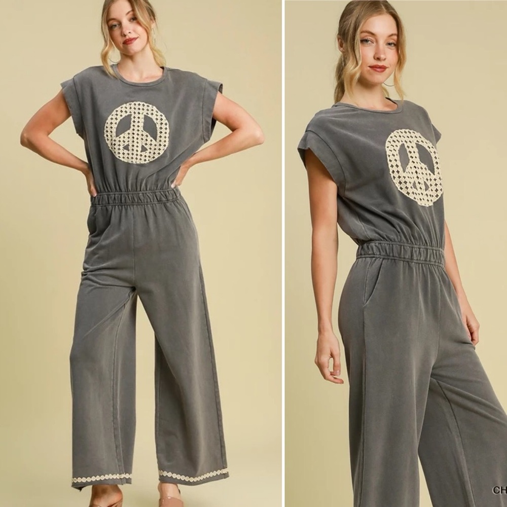 Washed Gray Peace Sign Jumpsuit